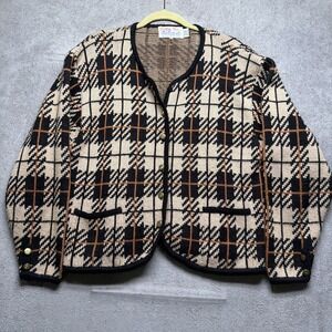 Tally Ho Womens Plaid Cardigan Sweater Tan Brown Button Front Vintage Style XL